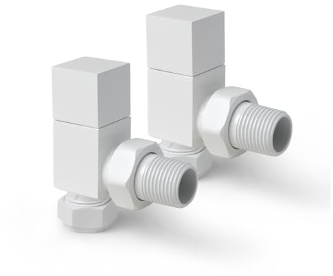 Go Bathrooms Angled Radiator Valves 15mm White Square Top | Pair of modern square top angled radiator valves for heated towel rails and central heating. White finish.