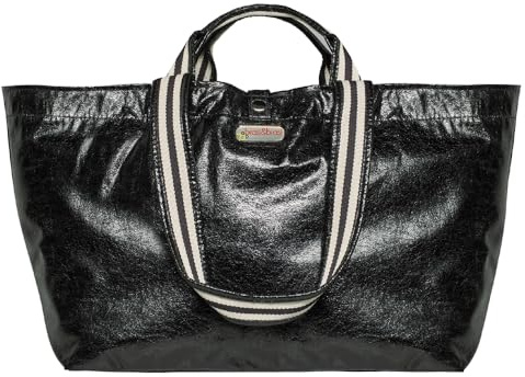 brasibrasi Half & Glitter Stripe Shopper, Schwarz, 40/60 x 30 x 25 cm, 100% Polyester, Reißverschluss, Innentaschen, Kurze und Lange Henkel, Metallic-Optik, Pinkes Innenfutter