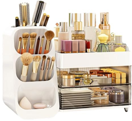 EUBSWA Organizer per cosmetici con 3 cassetti, grande capacità e portatile - Scatola per il trucco per scrivania, viaggio e bagno, ideale per amanti del trucco e professionisti (Bianco)