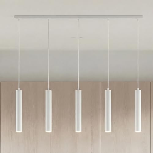 MATO LED Schienensystem Lampen Weiß Komplettset - Gerade 2m Schiene + 5x GU10 Pendelleuchten - Lichtschienensystem Decke, Stromschiene 1 Phase 230V, Lampenschienen System, Stromschienensystem