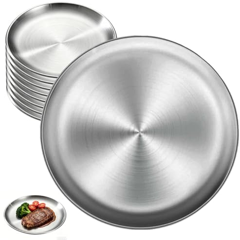 AXVRAV 9 Stück Edelstahl Teller 20 cm Rund, Edelstahlteller Set Unzerbrechlich & BPA Frei, Spülmaschinenfestes Edelstahl Geschirr Robuste Campingteller für Picknick Küche BBQ Party & Restaurant
