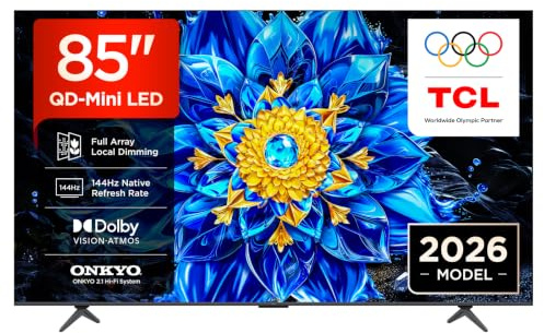 TCL 85P8L-UK 85 Inch QD-Mini LED Dimming 4K HDR Ultra HD TV, Smart Google TV (Dolby Vision, HDR10+ & Atmos, 144Hz VRR, FreeSync Premium, Onkyo 2.1 sound, Game Master, Voice Control, 2026 New Model)