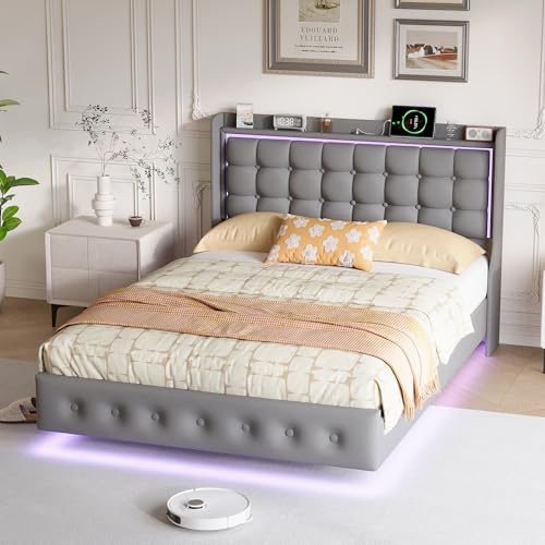 WSOFZMO Polsterbett 140x200 mit Schwebende Optik, Doppelbett 140x200 mit LED-Beleuchtung und Ladestation, Bettgestell mit Kopfteil, Samt Modernes Bett, ohne Matratze (Grau, 140×200 cm)