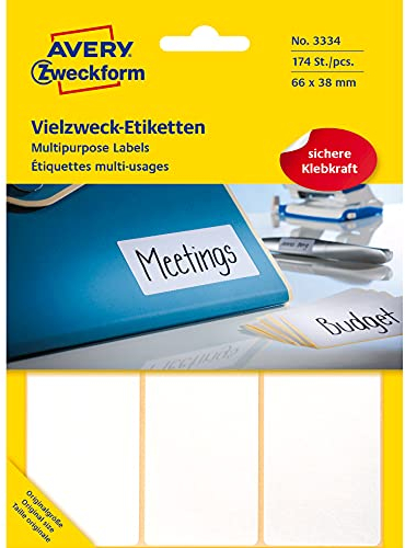 Avery Zweckform 3334 Haushaltsetiketten selbstklebend 174 Stück (66x38mm, 29 Bogen mit je 6 Aufklebern, Vielzweck-Etiketten für Haushalt, Schule und Büro zum Beschriften und Kennzeichnen) blanko, weiß
