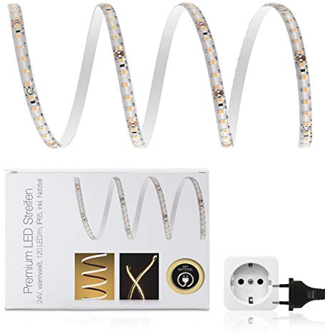 LED Universum 6 Meter Comfort LED Streifen Set warmweiß, 60 LED/m, IP65, 12V, 3528 SMD, 5W/m, 330 lm/m, inkl. 3A-Netzteil, für Wohn-, Schlafzimmer, Balkon, Terrasse
