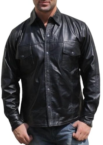 German Wear Lederhemd Herren Motorradhemd Lederjacke Farbe: Schwarz, Größe: L