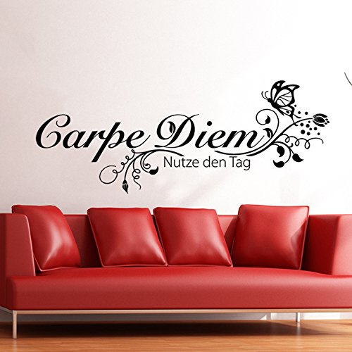 Grandora W710 Wandtattoo Spruch Carpe Diem Nutze den Tag + Schmetterling schwarz 90 x 35 cm