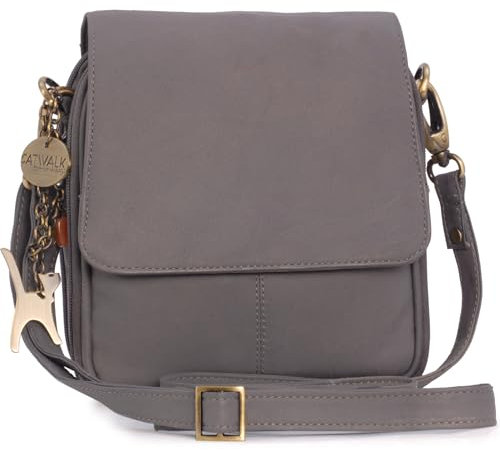 Catwalk Collection Handbags - Damen Leder Umhängetasche - Crossbody Bag/Handtasche Klein - Verstellbarer Abnehmbarer Gurt - TEAGAN - Grau