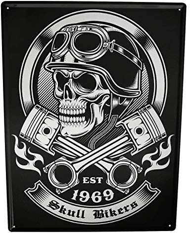 Blechschild Wandschild 30x40 cm Vintage Retro Metallschild Garage Totenkopf Kolben Tankstellen