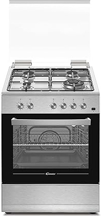 Candy New Timeless CGG655SI/E, Cocina, Placa de 4 Fuegos y Horno de Gas 55L, 60CM, Pulsador Rustepollos, Altura Ajustable y Ruedas, Sistema Seguridad en Llama, Tapa de Cristal, Clase A, Inox
