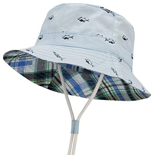 Durio Baby Sonnenhut Atmungsaktiv Sommerhut Kinder Fischerhut UV-Schutz Unisex Cap mit Verstellbarem Bindebändern Blau mit Fisch 6-12 Monate