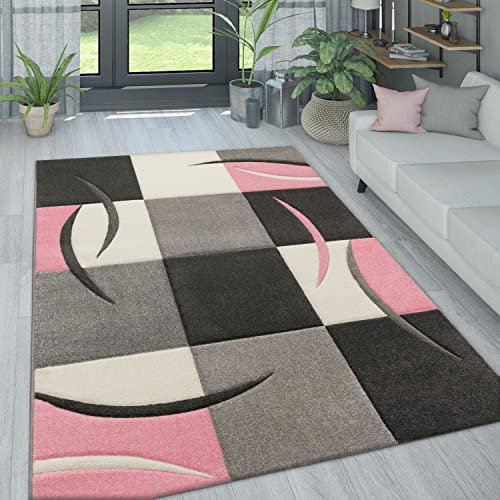 Paco Home Wohnzimmer Teppich In Modernen Pastell Farben, Karo Muster m. 3D Effekt, Grösse:240x330 cm, Farbe:Pink