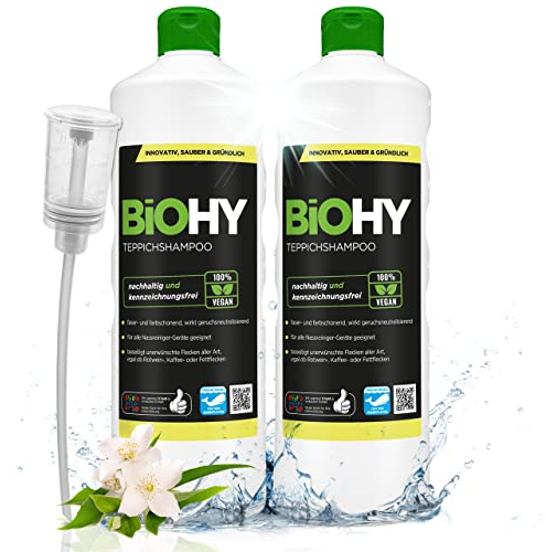 BiOHY Teppichshampoo (2 x 1 liter) + Dosierer | Teppichreiniger Konzentrat | ideal gegen hartnäckige Flecken | materialschonend & tierfreundlich | effektives Bio Mittel | kraftvoller Teppich Schaum