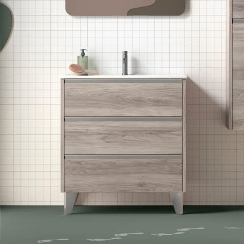 Mueble de Baño a Suelo con Lavabo Cerámico Escorpio | 3 cajones con Cierre Amortiguado y Organizador| Guías Hettich (70 cm, Pino Gris)
