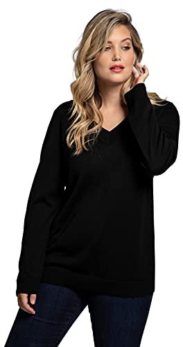 Ulla Popken Jersey, Cuello en V, Manga Larga, Punto Fino Suave Suéter, Negro, 48-50 Mujer