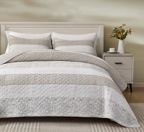 Chezmoi Collection Robyn 3-teiliges Bettwäsche-Set mit Hibiskusblüte, Patchwork, gestreift, vorgewaschene Baumwolldecke, leicht, wendbar, King-Size-Größe