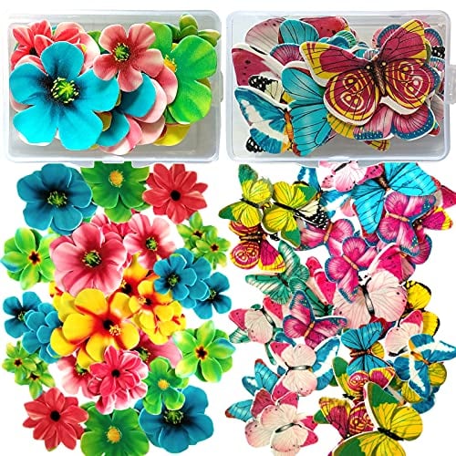 VEGCOO 75 Pcs Edible Flower Cupcake Toppers, Included 40 Pcs Mixed Size Butterfly and 35 Pcs Flower Birthday Cake Toppers Multicolour, Family Cupcake Wedding Cake Birthday Party Food Decoration