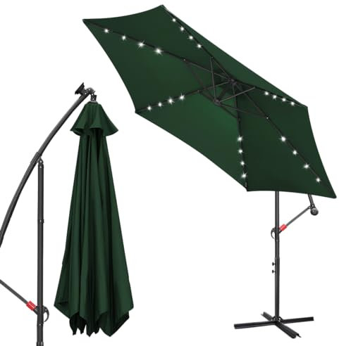 Ansobea Alu Sonnenschirm UV-Schutz 40+ Ampelschirm mit 48 LEDs Beleuchtung Solar Garten Schirm Pavillon Ständer, Höhenverstellbar, Klappbar | Ø 350cm mit Solar LED