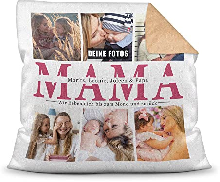 Foto-Kissen selbst gestalten - Mama wir lieben Dich - Collage mit 6 Fotos & Namen - Geschenk für die Beste Mama von Kindern - inkl. Füllung, Farbkissen Rückseite Mokka, 40x40 cm