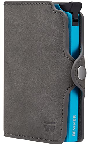 BEWMER Porta Carte di Credito 1 Schermato | Portafoglio Slim da Uomo e Donna | Porta Tessere e Documenti con Rfid Protection e Fermasoldi in Carbon Fiber (Grigio Scuro e Blu Senza ZIP)