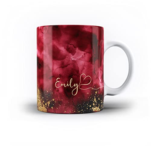 iCaseDesigner Personalised Agate Watercolour Marble Name with Heart 11oz Ceramic Mug - 5. Burgundy Watercolour