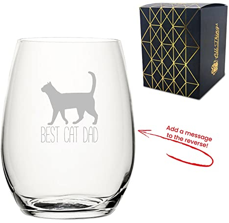 Personalised Engraved Novelty Stemless Wine Glass with Best Cat Dad Design, Add a Personalised Message to The Reverse, Laser Engraved, Gift Box Included, Gift for Dad, Birthday Gift, Cat Lover Gift