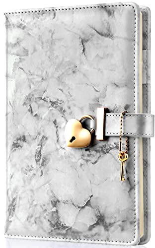 Mousbull Marble Diary with Lock and Key for Girls, Cute Heart Shaped Lock Journal for Women, Refillable A5 Vintage Secret PU Leather Notebook Gift for Teen Girls - Gray