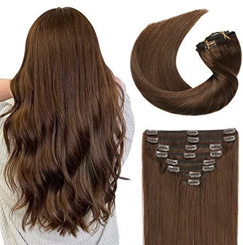 Sunya Clip In Hair Extensions Echthaar Schokoladenbraun Remy Unsichtbar Natürlich Glattes Haarverlängerungen 35cm 110g 8 Stück/Packung