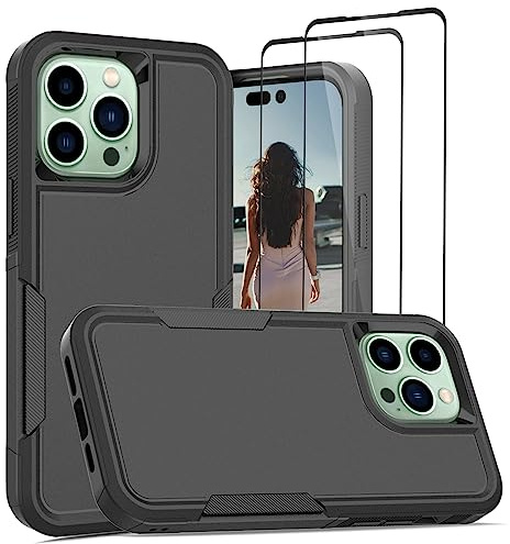 Jeylly Compatible with iPhone 14 Pro Max Case, with [2 Pack] Tempered Glass Screen Protector, Shockproof Full Body Protective Anti Scratch Matte Hard Cover for iPhone 14 Pro Max 6.7'', Black