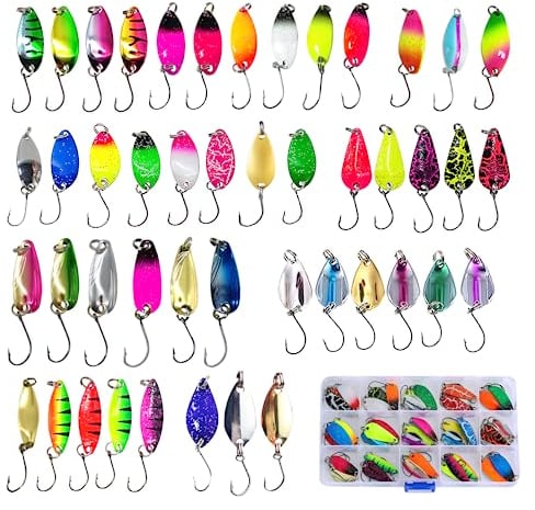 Forellenköder, 46 Stück Angeln Köder 2g/2.5g/3g/3.2g/3.5g/4.5g/5g Köderfisch, Spoons Forelle Set mit Aufbewahrungsbox, Spinner Blinker Set für Barsch, Zander, Hecht