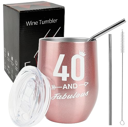 Nswayy Copas de Vino de Acero Inoxidable,Copas de Vino Regalos de 40 Cumpleaños para Mujeres con Cepillo de Limpieza Vasos de Acero Inoxidable Oro Rosa Regalos Cumpleaños Regalo Dia de la Madre