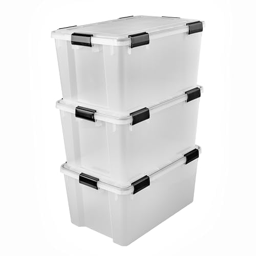 Iris Ohyama 3 Cajas herméticas de plástico con tapa y cierres a presión, 50L, Transparente, sello impermeable, apilables, antipolvo, para ropas, camping, exteriores, cubo de almacenaje, box, AT-L