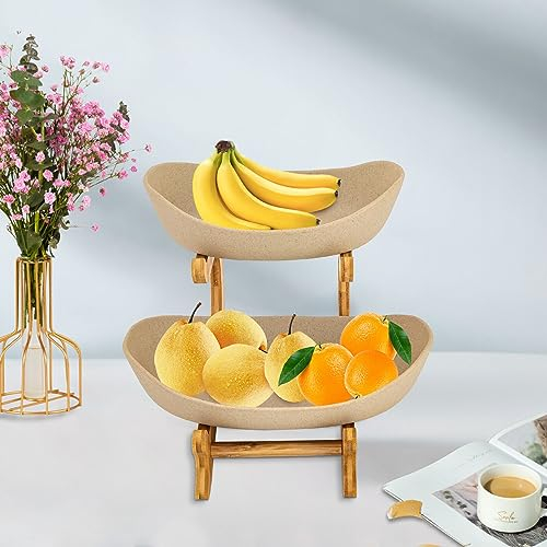 WSIKGHU Frutero 2 niveles con soporte de bambú natural, 2 pisos, 2 pisos, para servir frutas, aperitivos, dulces (caqui)