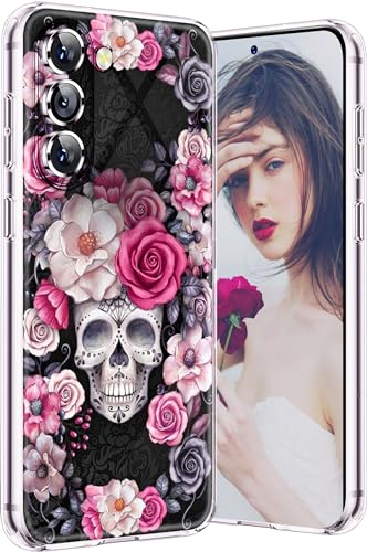 Halloween Rose Skull Cover Case für Samsung Galaxy S23 FE 5G Hülle Weiches Silikon Ultra Dünn Blumen Weihnachten Handyhülle Christmas Muster Kratzfest Schutzhülle für Samsung S23 FE 5G 6,4-Zoll (Lila)