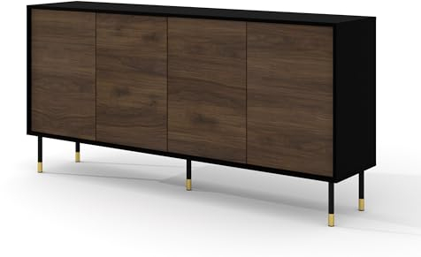 Homlando Kommode Sherwood 180 cm 4D Sideboard mit 4 Türen - Highboard - Moderner Kommode für das Schlafzimmer oder Wohnzimmer - Metallbeine (Schwarz Matt/Catania Eiche)