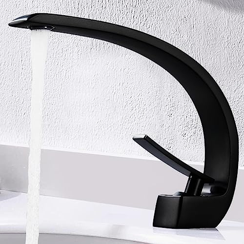 Robinet Salle Bain Mitigeur Lavabo Noir Robinet Lavabo Moderne Mitigeur Salle de Bain Monotrou Robinetterie Minimaliste Courbe, Valve en Céramique, Eau Froide et Chaude, Laiton, Noir Mat