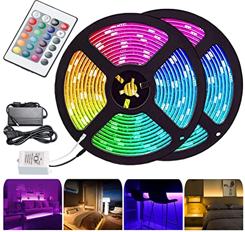 Cecaylie 15m RGB LED Streifen, 5050 Leds LED Strip Selbstklebend, Dimmbar Led Lichter 12V, mit 24-Tasten Fernbedienung und Netzteil, mit 15 Farben und 4 Modi, für Küche, Schlafzimmer, Party