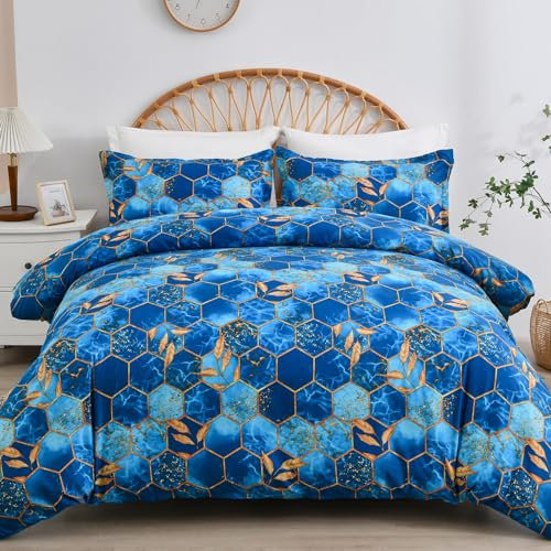 DJY Blue Geometric Duvet Cover Golden Leaves Reversible Bedding Set Soft Breathable Lightweight Duvet Sets 3 Pieces With Zipper Closure (Double, 200x200cm)