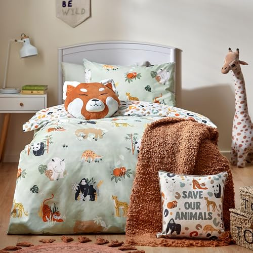 furn. Safari Animals Duvet Cover Set – Reversible Wildlife Jungle Easy Care Childrens Bedding (Multi/Green – Single – 137x200cm)