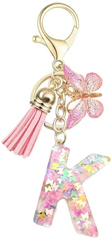 Baofuwan Schlüsselanhänger mädchen Frauen Buchstabe Schlüsselanhänger key chain mit Anfangsbuchstaben Schmetterling Quaste Rosa Blau Golden für Geldbeutel Handtaschen Schultasche