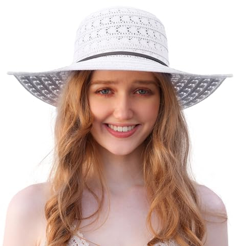 Procity Faltbarer Strohhut Damen Sonnenhut UV Schutz Strandhut mit Breiter Krempe Paris White
