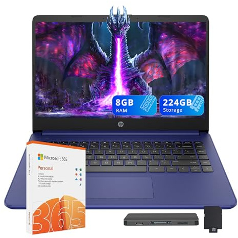 HP Stream 14 pollici HD leggero laptop, Intel Celeron N4120, 8 GB di RAM, 224 GB di memoria (64 GB eMMC + 160 GB docking station), grafica Intel UHD, webcam HD, 1 anno Office 365, WiFi, Bluetooth, Win