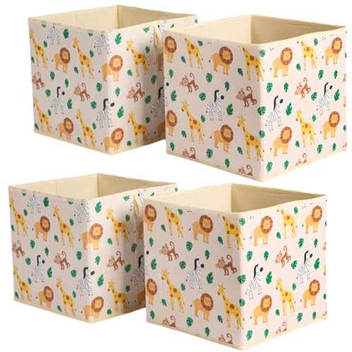 OHS 4 Pack Kids Storage Boxes for Shelves, Safari Print Space Saving Foldable Storage Box for Toys Games Clothing Organiser Storage Cubes for Kids Bedrooms Nursery, Beige