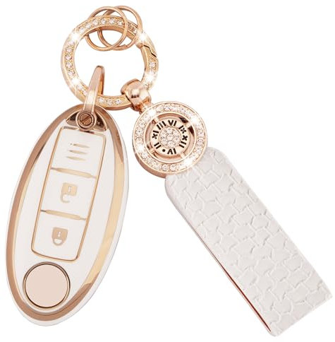 Koaudb Housse de clé de Voiture Nissan 3 Boutons avec Porte-clés Aveugle pour Nissan 350Z Qashqai Murano X-Trail Kicks Tiida Micra Pathfinder Note Juke Housse de clé en TPU Souple Or Blanc (C-Nisn-3)