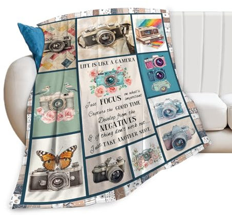 Kamera-Decke, Fotografie-Liebhaber, Geschenke, Überwurfdecke, gemütlich, Plüsch-Fleece, Flanell, Retro-Kamera-Decken für Mädchen, Jungen, Damen, Herren, 127 x 101 cm