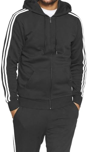 VEQUÈ Survêtement de gymnastique pour homme d'hiver, sweat à capuche et pantalon à rayures blanches, complet de sport, course à pied, jogging chaud en coton, gris, XXL