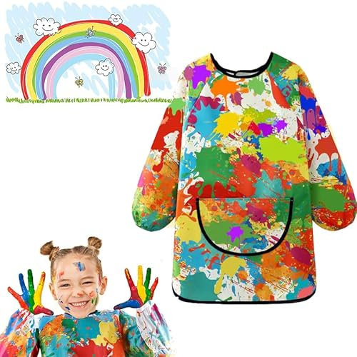 Tablier Peinture Enfant Imperméable 5-8 Ans, Blouse Avec Manches Longues Et Poche Pour Garçon Fille, Idéal Pour l'Art à l'École Et La Cuisine (Créatif En Graffiti, L)