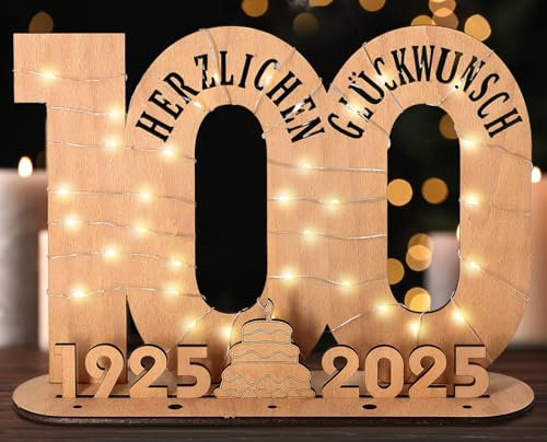 Giftota - 2025 Originelle 100 Geburtstag Geschenk Frauen & Männer - Geldgeschenke Geburtstag mit LED Lichterkette Ständer - Holz-Schild Gästebuch - 100 Geburtstag Deko - Personalisierbares Geschenk