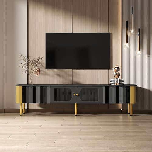 Merax Meuble TV avec portes en verre, tiroirs et accents dorés - Élégant meuble TV avec coins arrondis pour un intérieur moderne - Noir