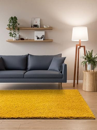 Interiyou Hochflor Teppich Sofia - 80x150 cm Gelb - flauschig und einfarbig - waschbar und rutschfest - weicher Langflor